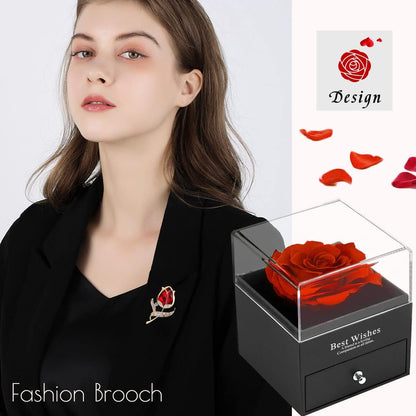 Preserved Red Rose Gift Box- Enchanted Real Roses with Ruby Brooch, Eternal Rose Flower in Jewelry Box, Handmade Rose,Forever Red Rose Gift for Her on Christmas Mother'S Day, Anniversary.