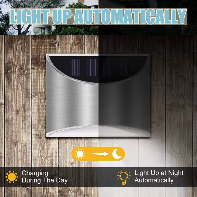 2Pcs Stainless Steel Solar Wall Lights Courtyard Waterproof Outdoor Lighting Emergency Patio Step for Garden Fence and Street