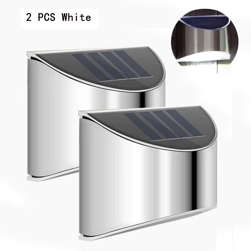 2Pcs Stainless Steel Solar Wall Lights Courtyard Waterproof Outdoor Lighting Emergency Patio Step for Garden Fence and Street